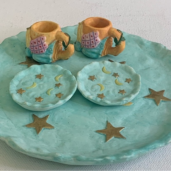Miniature Tea Set Angels Tea Cups Plates Moon Stars Resin VTG 1995 Young's Inc - Picture 6 of 16